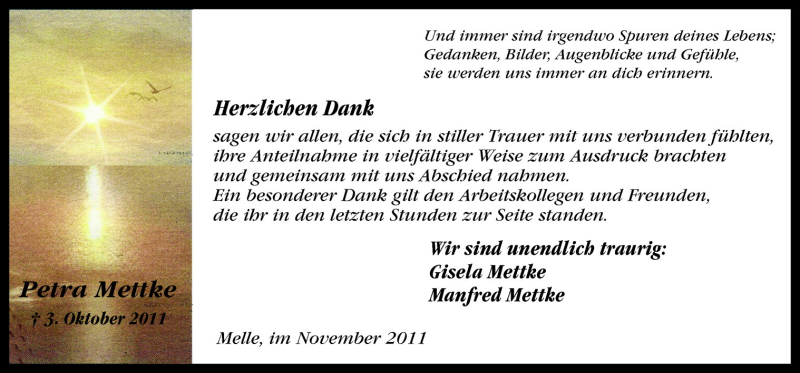  Traueranzeige für Petra Mettke vom 05.11.2011 aus Neue Osnabrücker Zeitung GmbH & Co. KG