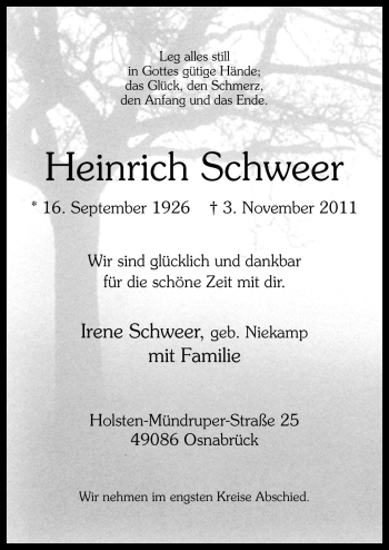 Traueranzeige von Heinrich Schweer von Neue Osnabrücker Zeitung GmbH & Co. KG