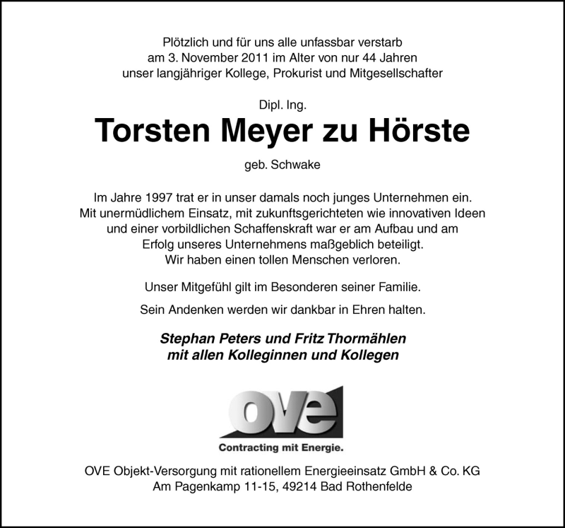  Traueranzeige für Torsten Meyer zu Hörste vom 07.11.2011 aus Neue Osnabrücker Zeitung GmbH & Co. KG