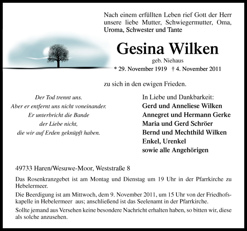  Traueranzeige für Gesina Wilken vom 07.11.2011 aus Neue Osnabrücker Zeitung GmbH & Co. KG