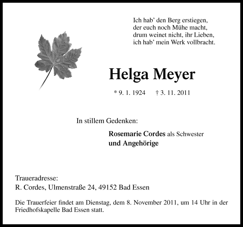  Traueranzeige für Helga Meyer vom 07.11.2011 aus Neue Osnabrücker Zeitung GmbH & Co. KG