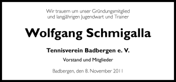 Traueranzeige von Wolfgang Schmigalla von Neue Osnabrücker Zeitung GmbH & Co. KG