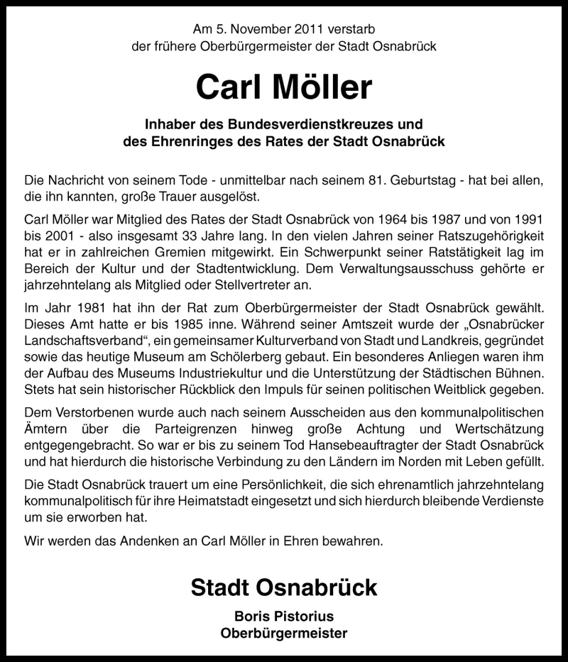  Traueranzeige für Carl Möller vom 08.11.2011 aus Neue Osnabrücker Zeitung GmbH & Co. KG