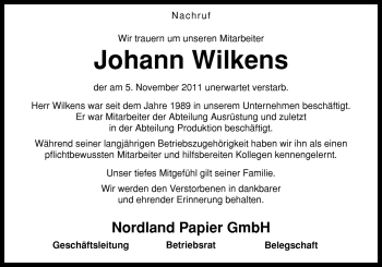 Traueranzeige von Johann Wilkens von Neue Osnabrücker Zeitung GmbH & Co. KG