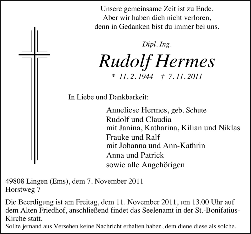  Traueranzeige für Rudolf Hermes vom 09.11.2011 aus Neue Osnabrücker Zeitung GmbH & Co. KG