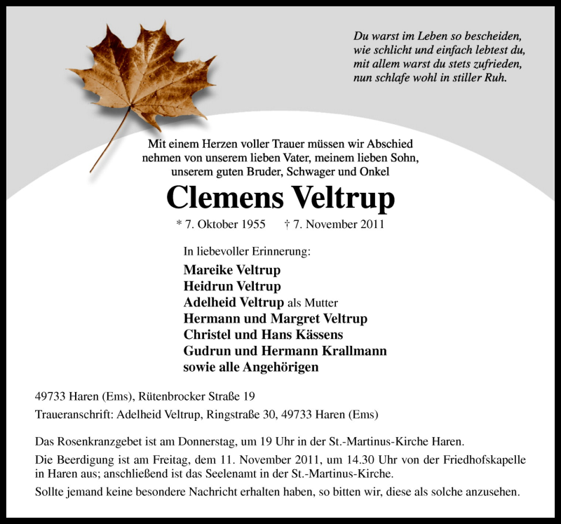  Traueranzeige für Clemens Veltrup vom 09.11.2011 aus Neue Osnabrücker Zeitung GmbH & Co. KG