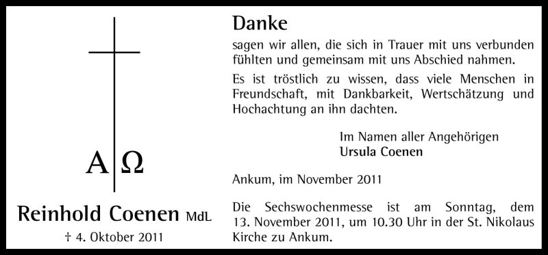  Traueranzeige für Reinhold Coenen vom 09.11.2011 aus Neue Osnabrücker Zeitung GmbH & Co. KG