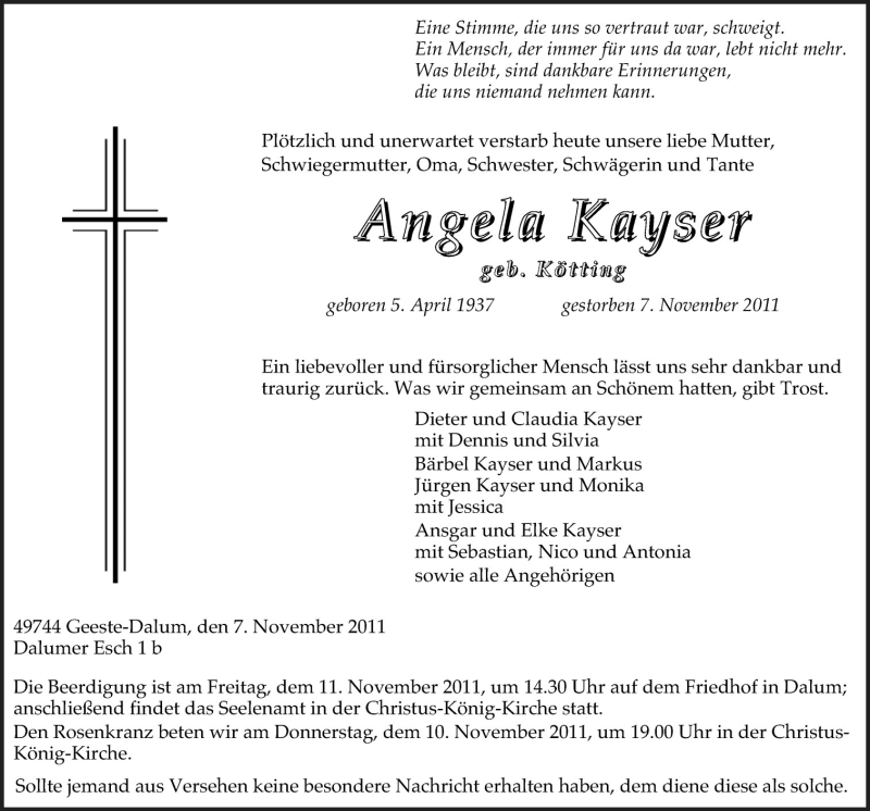  Traueranzeige für Angela Kayser vom 10.11.2011 aus Neue Osnabrücker Zeitung GmbH & Co. KG