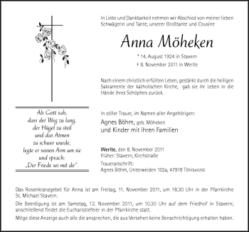 Traueranzeige von Anna Möheken von Neue Osnabrücker Zeitung GmbH & Co. KG