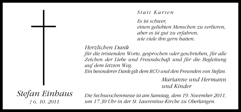  Traueranzeige für Stefan Einhaus vom 12.11.2011 aus Neue Osnabrücker Zeitung GmbH & Co. KG