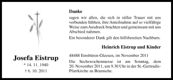 Traueranzeige von Josefa Eistrup von Neue Osnabrücker Zeitung GmbH & Co. KG