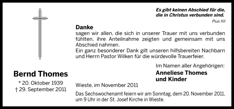  Traueranzeige für Bernd Thomes vom 17.11.2011 aus Neue Osnabrücker Zeitung GmbH & Co. KG