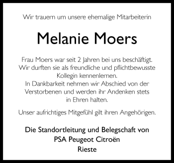 Traueranzeige von Melanie Moers von Neue Osnabrücker Zeitung GmbH & Co. KG