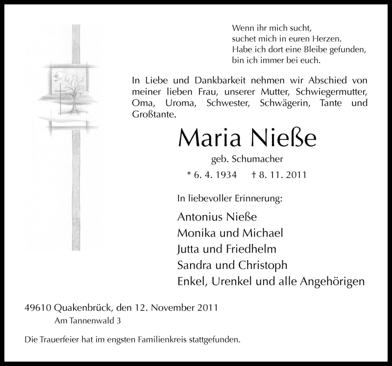  Traueranzeige für Maria Nieße vom 14.11.2011 aus Neue Osnabrücker Zeitung GmbH & Co. KG