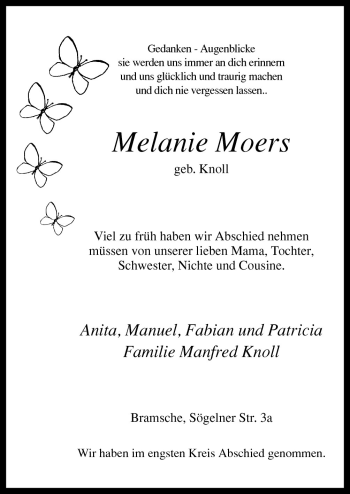 Traueranzeige von Melanie Moers von Neue Osnabrücker Zeitung GmbH & Co. KG