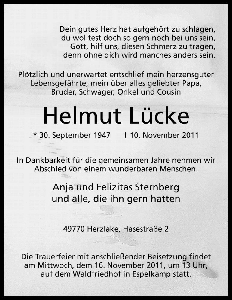  Traueranzeige für Helmut Lücke vom 14.11.2011 aus Neue Osnabrücker Zeitung GmbH & Co. KG