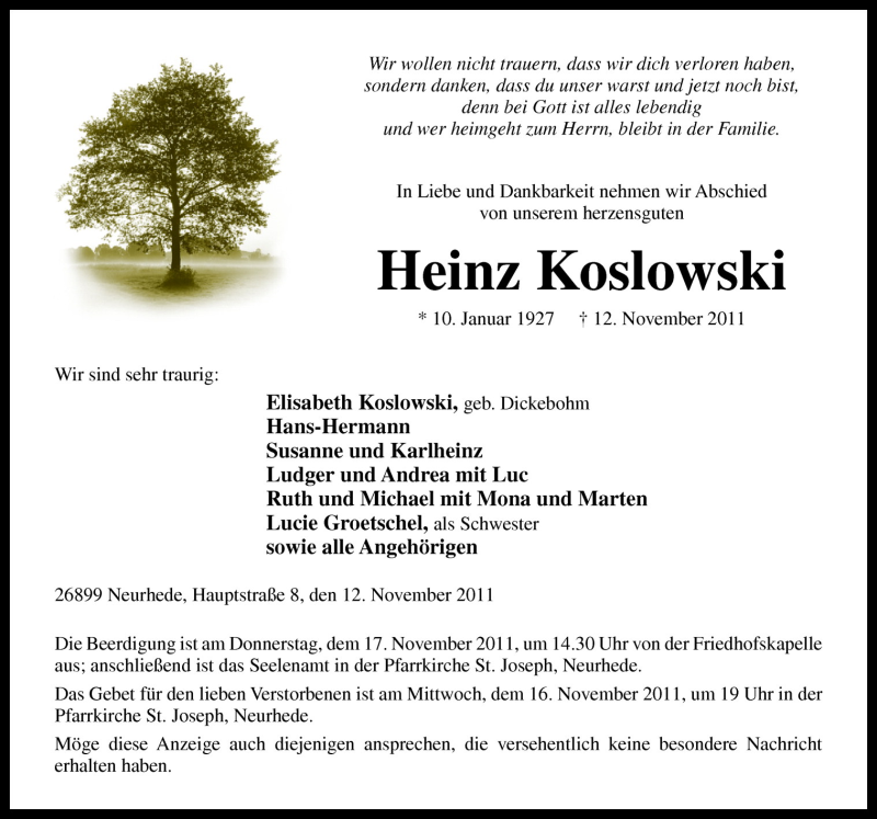  Traueranzeige für Heinz Koslowski vom 14.11.2011 aus Neue Osnabrücker Zeitung GmbH & Co. KG