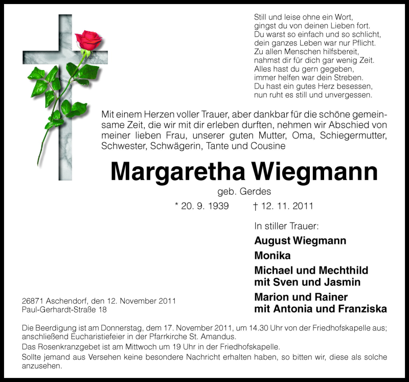  Traueranzeige für Margaretha Wiegmann vom 15.11.2011 aus Neue Osnabrücker Zeitung GmbH & Co. KG