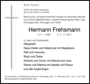 Traueranzeige von Hermann Frehsmann von Neue Osnabrücker Zeitung GmbH & Co. KG