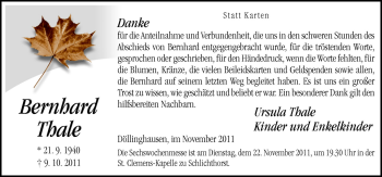 Traueranzeige von Bernhard Thale von Neue Osnabrücker Zeitung GmbH & Co. KG