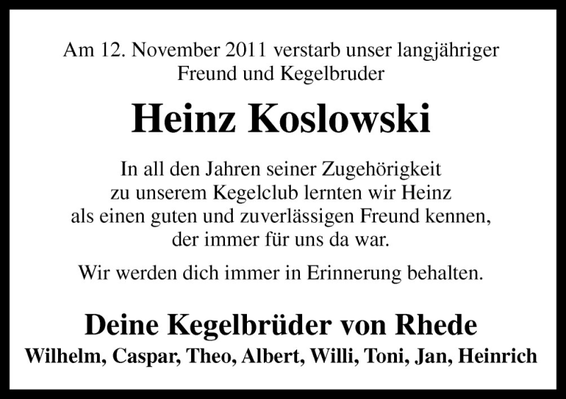  Traueranzeige für Heinz Koslowski vom 15.11.2011 aus Neue Osnabrücker Zeitung GmbH & Co. KG