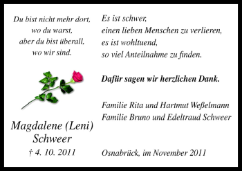 Traueranzeige von Magdalene Schweer von Neue Osnabrücker Zeitung GmbH & Co. KG
