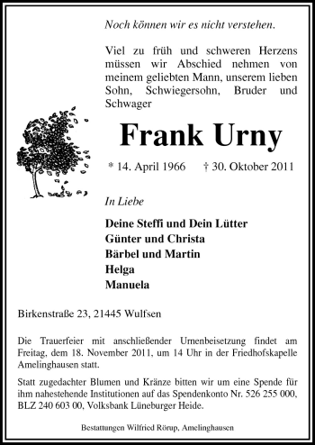 Traueranzeige von Frank Urny von Neue Osnabrücker Zeitung GmbH & Co. KG