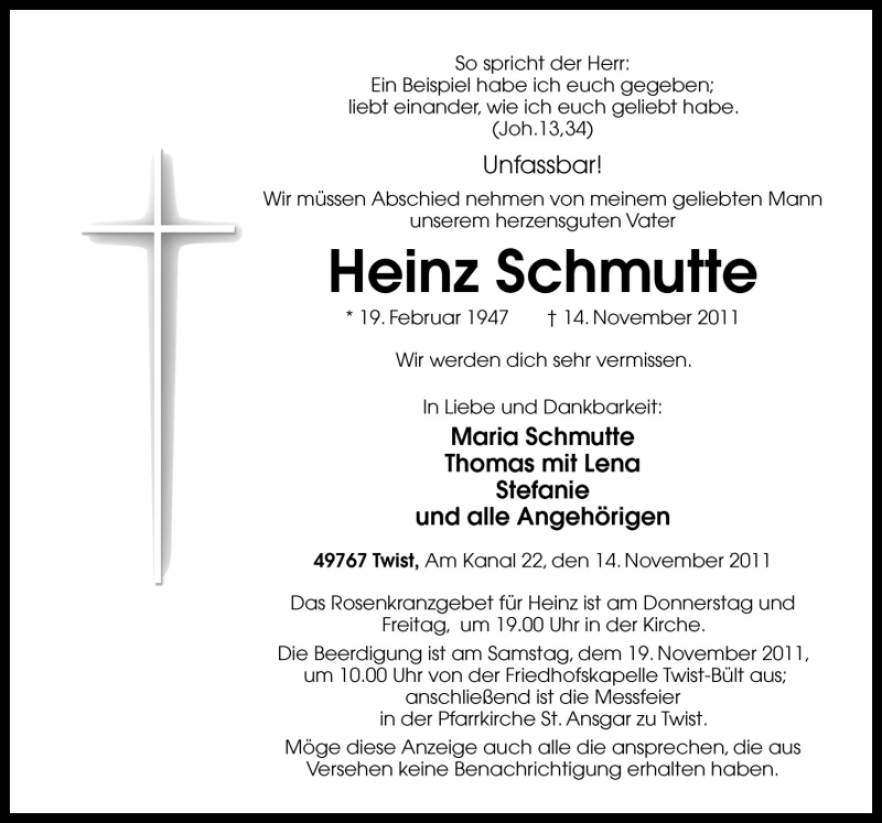  Traueranzeige für Heinz Schmutte vom 16.11.2011 aus Neue Osnabrücker Zeitung GmbH & Co. KG