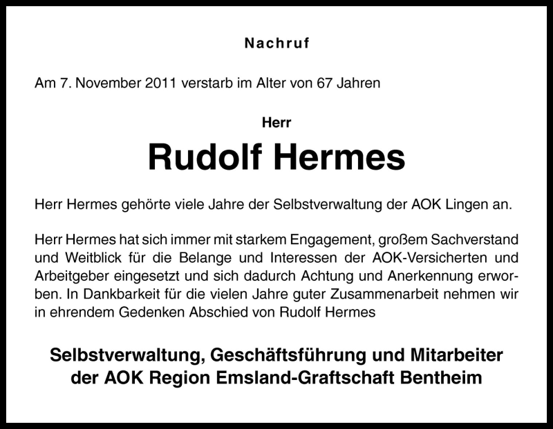  Traueranzeige für Rudolf Hermes vom 16.11.2011 aus Neue Osnabrücker Zeitung GmbH & Co. KG