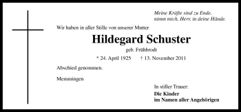 Traueranzeige von Hildegard Schuster von Neue Osnabrücker Zeitung GmbH & Co. KG