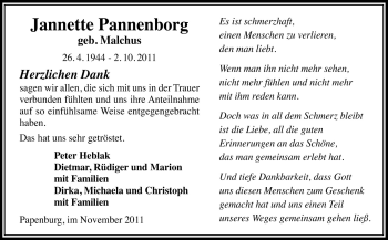 Traueranzeige von Jannette Pannenborg von Neue Osnabrücker Zeitung GmbH & Co. KG