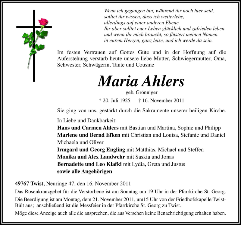  Traueranzeige für Maria Ahlers vom 18.11.2011 aus Neue Osnabrücker Zeitung GmbH & Co. KG