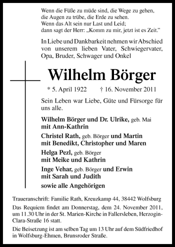 Traueranzeige von Wilhelm Börger von Neue Osnabrücker Zeitung GmbH & Co. KG