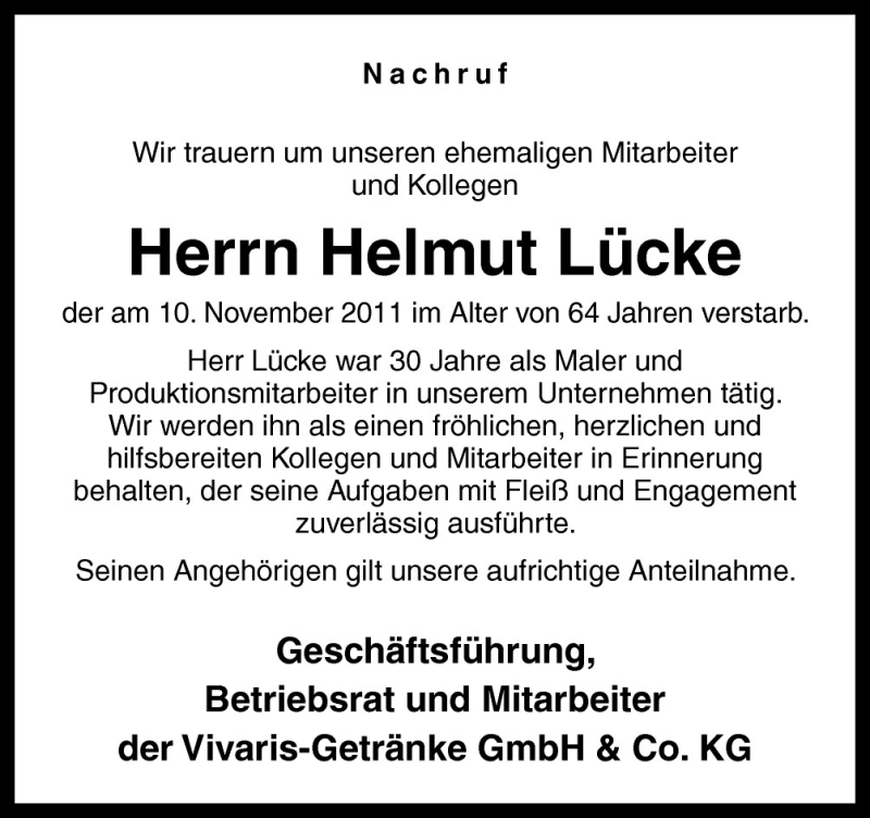  Traueranzeige für Helmut Lücke vom 19.11.2011 aus Neue Osnabrücker Zeitung GmbH & Co. KG