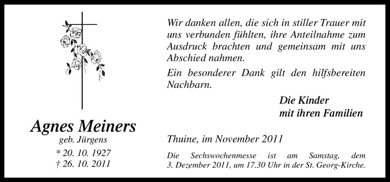  Traueranzeige für Agnes Meiners vom 30.11.2011 aus Neue Osnabrücker Zeitung