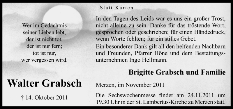  Traueranzeige für Walter Grabsch vom 19.11.2011 aus Neue Osnabrücker Zeitung GmbH & Co. KG