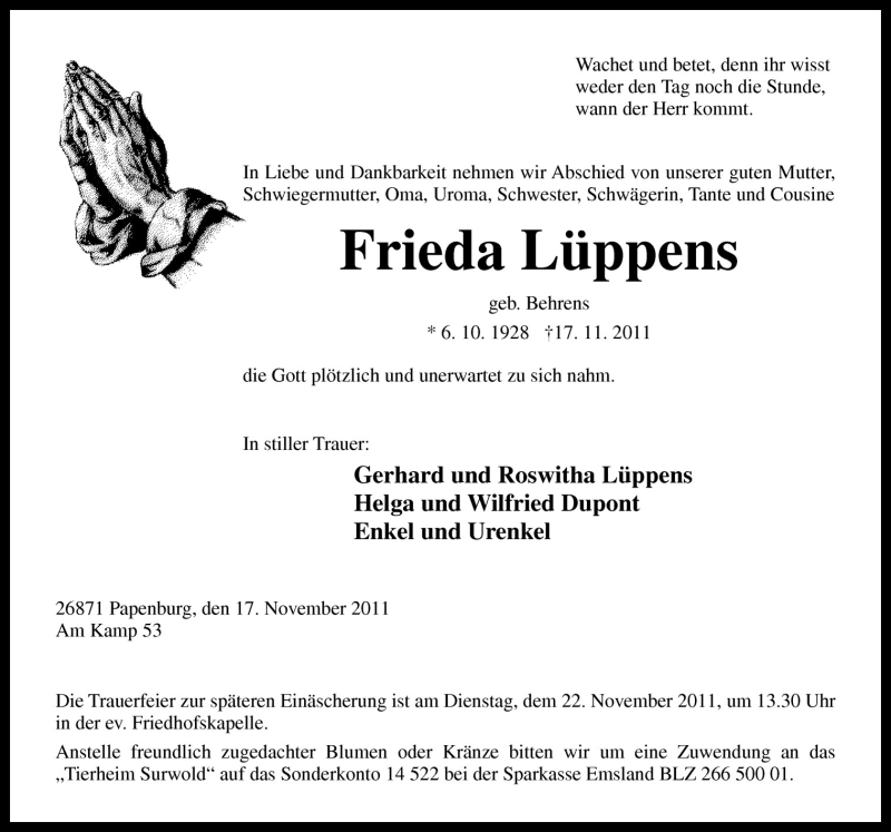  Traueranzeige für Frieda Lüppens vom 19.11.2011 aus Neue Osnabrücker Zeitung GmbH & Co. KG