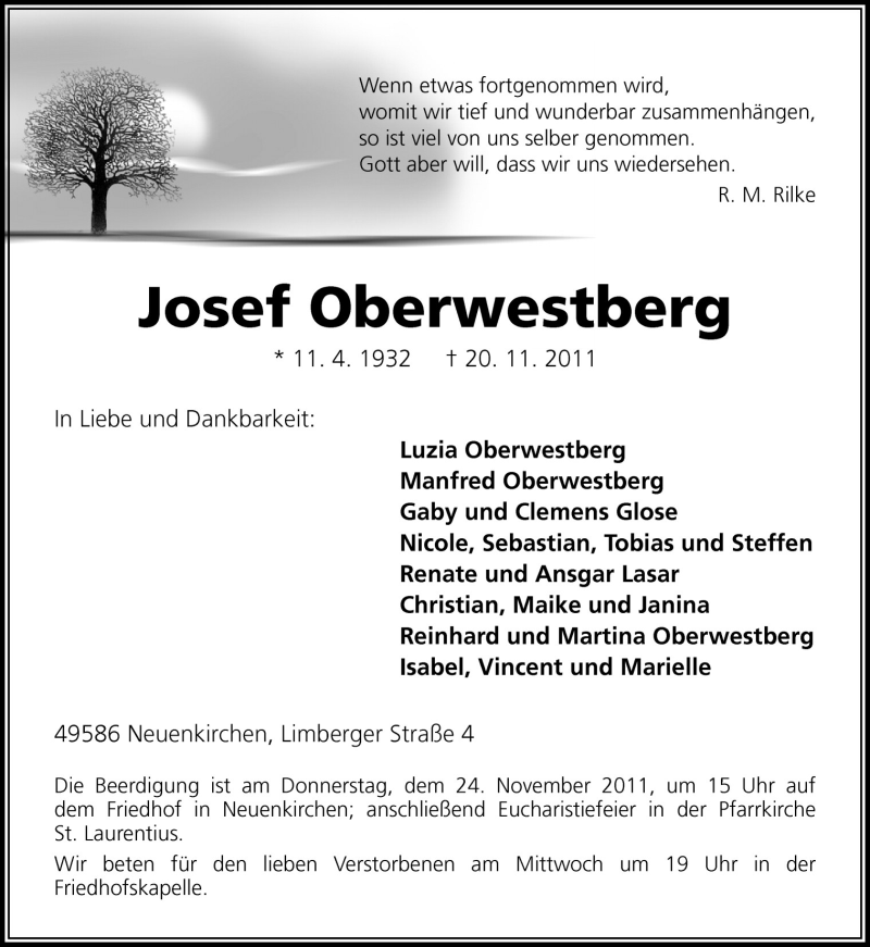  Traueranzeige für Josef Oberwestberg vom 22.11.2011 aus Neue Osnabrücker Zeitung GmbH & Co. KG