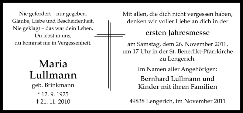 Traueranzeige für Maria Lullmann vom 23.11.2011 aus Neue Osnabrücker Zeitung GmbH & Co. KG