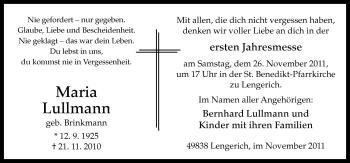 Traueranzeige von Maria Lullmann von Neue Osnabrücker Zeitung GmbH & Co. KG