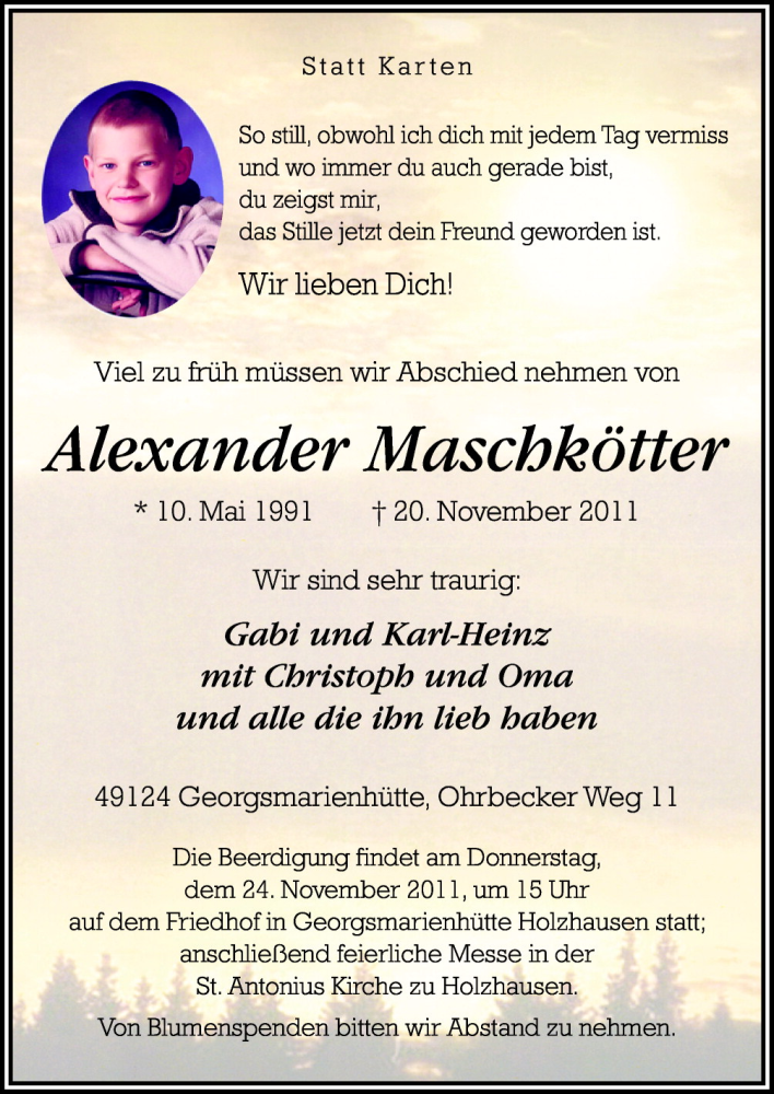  Traueranzeige für Alexander Maschkötter vom 22.11.2011 aus Neue Osnabrücker Zeitung GmbH & Co. KG