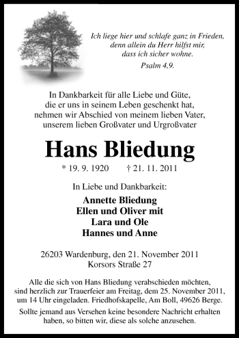 Traueranzeige von Hans Bliedung von Neue Osnabrücker Zeitung GmbH & Co. KG