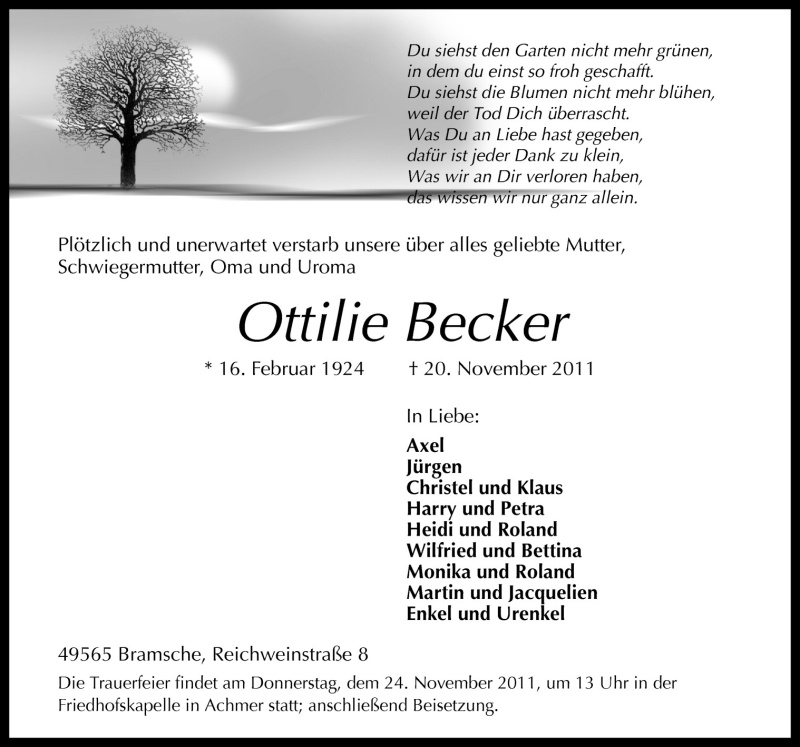  Traueranzeige für Ottilie Becker vom 23.11.2011 aus Neue Osnabrücker Zeitung GmbH & Co. KG