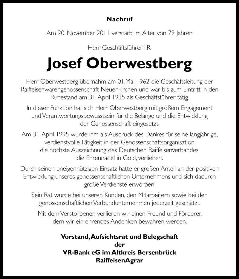  Traueranzeige für Josef Oberwestberg vom 23.11.2011 aus Neue Osnabrücker Zeitung GmbH & Co. KG