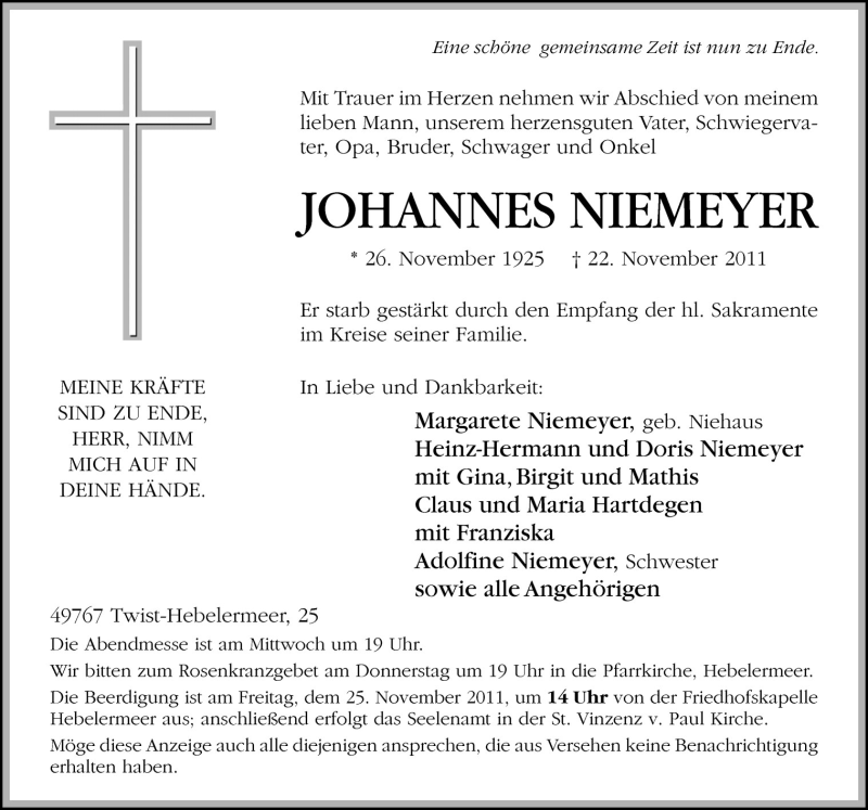  Traueranzeige für Johannes Niemeyer vom 23.11.2011 aus Neue Osnabrücker Zeitung GmbH & Co. KG
