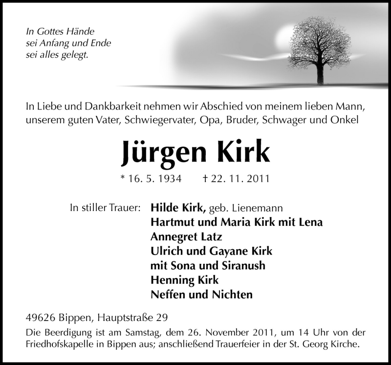  Traueranzeige für Jürgen Kirk vom 23.11.2011 aus Neue Osnabrücker Zeitung GmbH & Co. KG