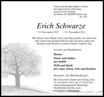 Traueranzeige von Erich Schwarze von Neue Osnabrücker Zeitung GmbH & Co. KG