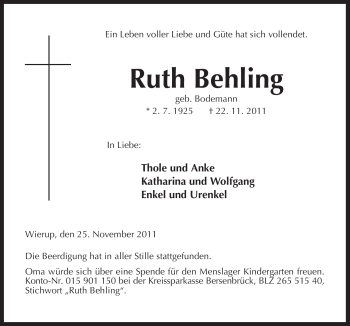 Traueranzeige von Ruth Behling von Neue Osnabrücker Zeitung