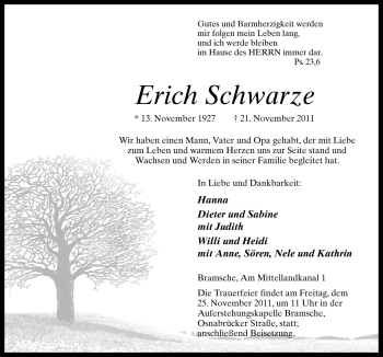 Traueranzeige von Erich Schwarze von Neue Osnabrücker Zeitung GmbH & Co. KG