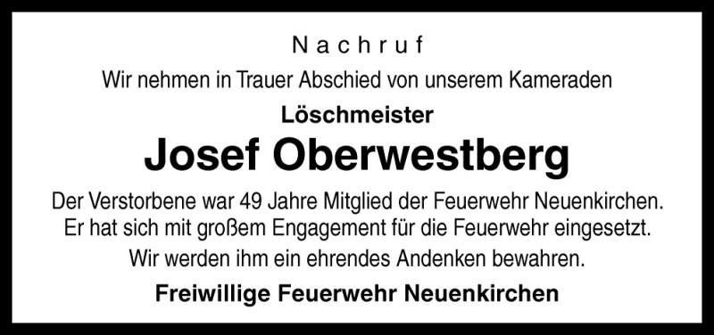  Traueranzeige für Josef Oberwestberg vom 24.11.2011 aus Neue Osnabrücker Zeitung GmbH & Co. KG